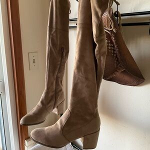 Fall party boots, Tan knee high suede 3 inch heel boots